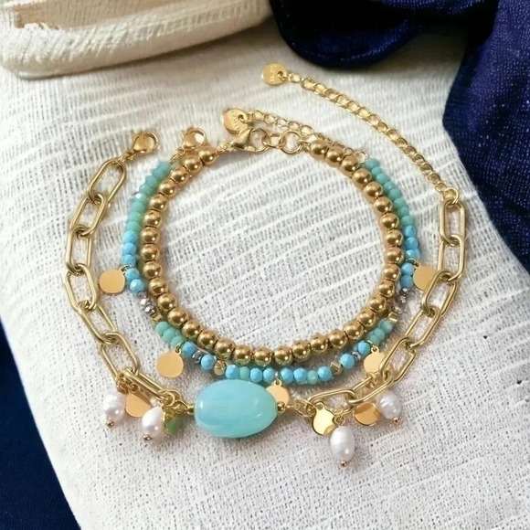 🆕️18K Gold Plated Stainless Steel Bracelet Set: Jade & Freshwater Pearls 🌟 - Picture 1 of 12